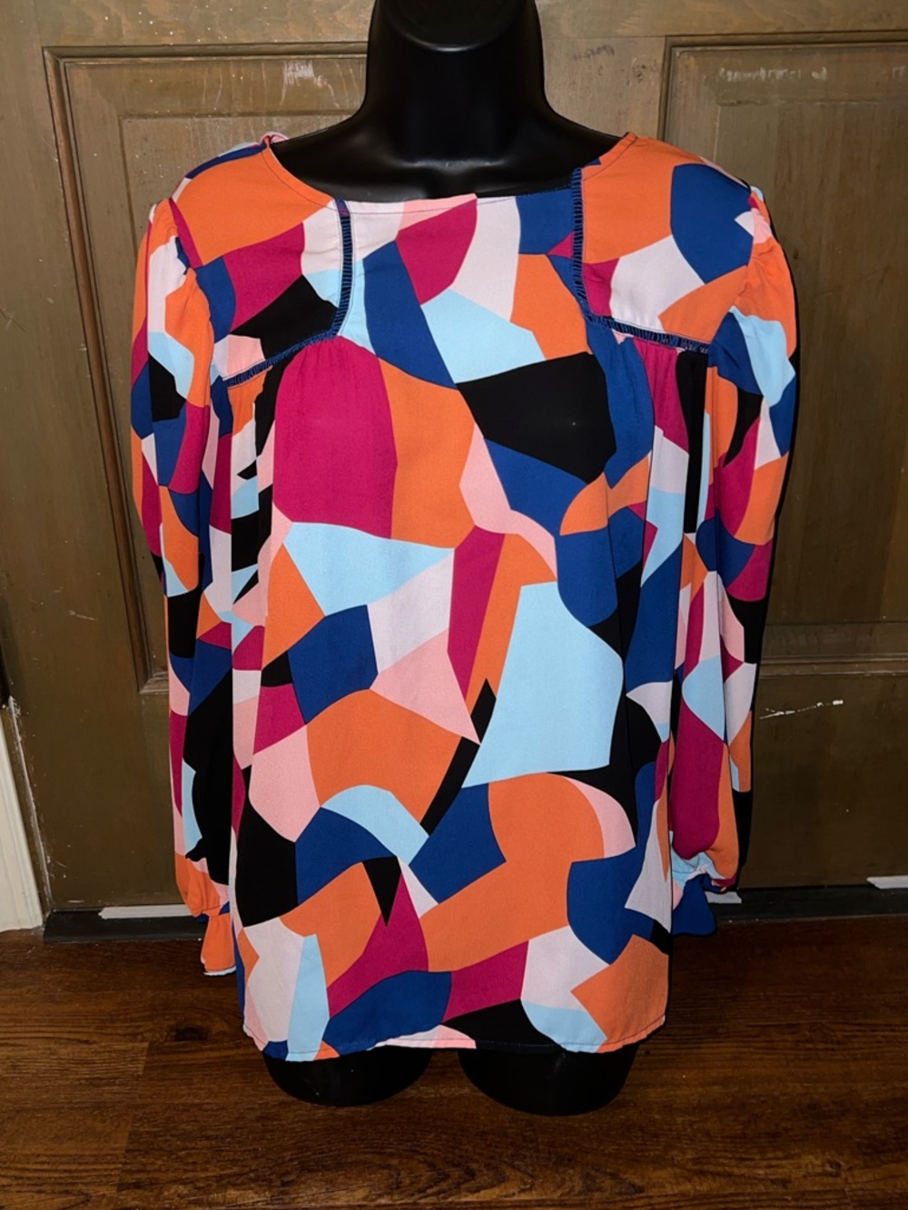 Orange Abstract Retro Multicolor Boho Chic Ruffled Puff Sleeve Blouse Size XL - Picture 4 of 10